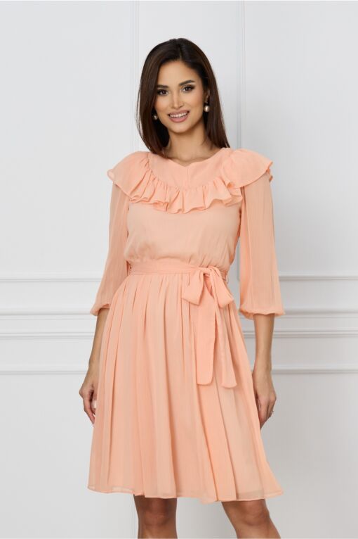Black Friday Rochie Dy Fashion peach cu volanas la bust si cordon in talie