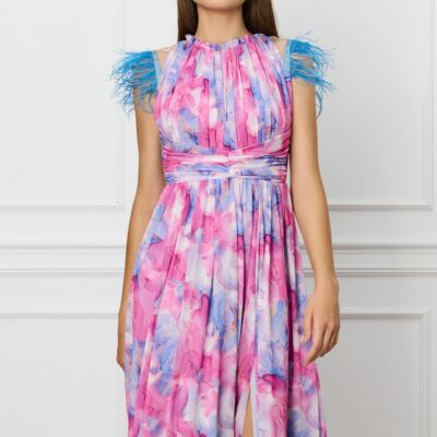 Black Friday Rochie Dy Fashion roz cu imprimeu bleu si pene la umeri