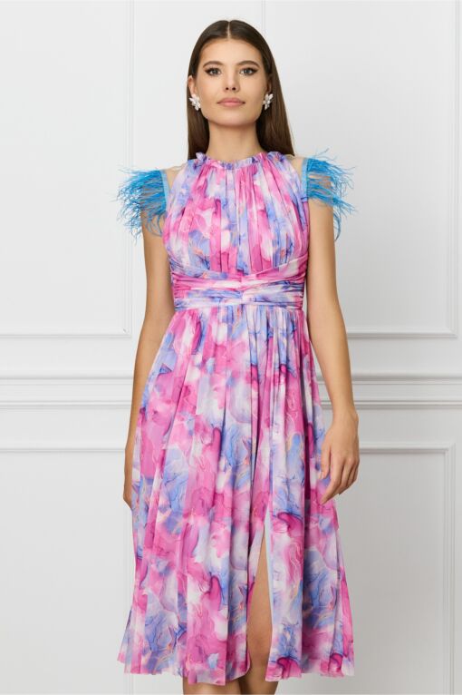 Black Friday Rochie Dy Fashion roz cu imprimeu bleu si pene la umeri