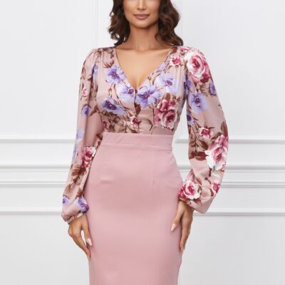Black Friday 2022 Rochie Dy Fashion roz cu imprimeuri florale lila la bust