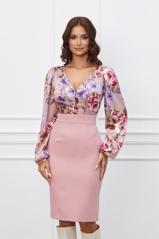 Black Friday 2022 Rochie Dy Fashion roz cu imprimeuri florale lila la bust