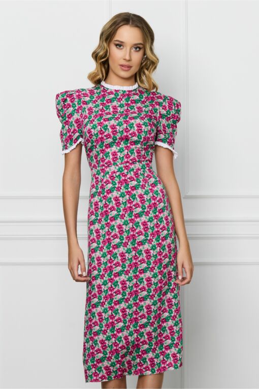 Black Friday 2022 Rochie Dy Fashion roz cu imprimeuri florale verzi si volanase la maneci si decolteu