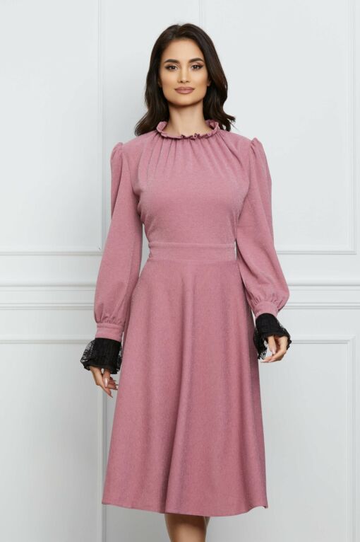 Black Friday 2022 Rochie Dy Fashion roz din lurex cu dantela la maneci