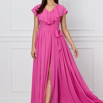 Black Friday Rochie Dy Fashion roz lunga cu volan la bust si cordon in talie