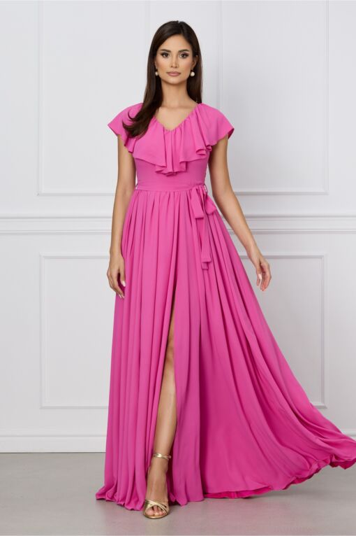 Black Friday Rochie Dy Fashion roz lunga cu volan la bust si cordon in talie