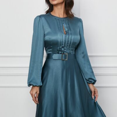 Black Friday 2022 Rochie Dy Fashion turcoaz cu pliuri pe bust si curea in talie