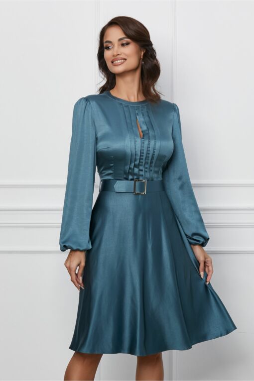 Black Friday 2022 Rochie Dy Fashion turcoaz cu pliuri pe bust si curea in talie