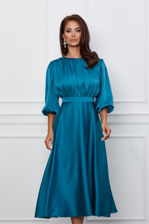 Black Friday 2022 Rochie Dy Fashion turcoaz din satin cu pliuri la bust
