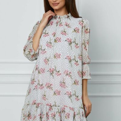 Black Friday 2022 Rochie Dy Fashion vaporoasa alba cu buline si flori roz
