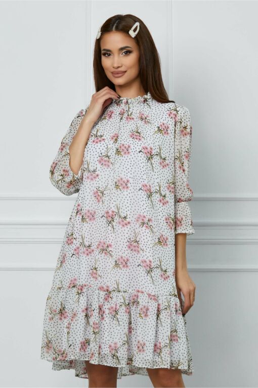 Black Friday 2022 Rochie Dy Fashion vaporoasa alba cu buline si flori roz