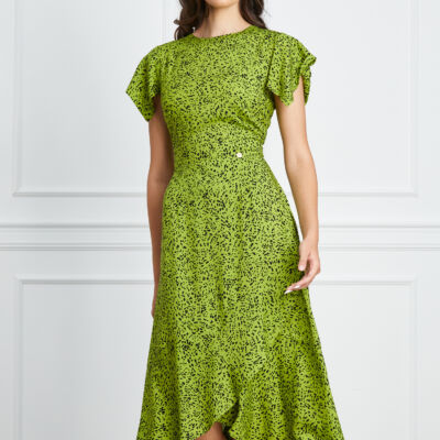 Black Friday 2022 Rochie Dy Fashion verde crud cu imprimeu negru si volan la baza