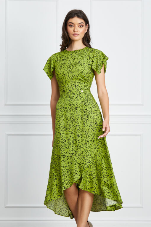 Black Friday 2022 Rochie Dy Fashion verde crud cu imprimeu negru si volan la baza