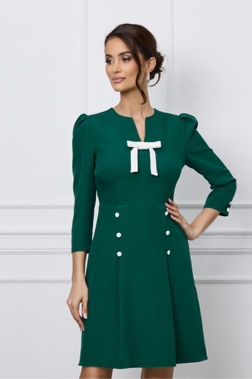Black Friday 2022 Rochie Dy Fashion verde cu funda la bust si nasturi pe fusta