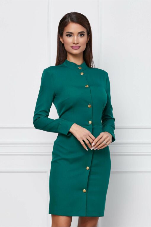 Black Friday 2022 Rochie Dy Fashion verde cu guler tunica si nasturi aurii