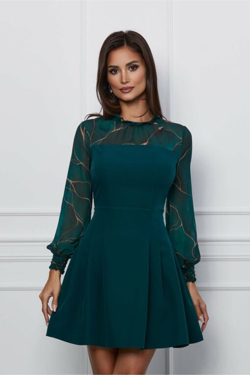 Black Friday Rochie Dy Fashion verde cu imprimeu maro pe maneci
