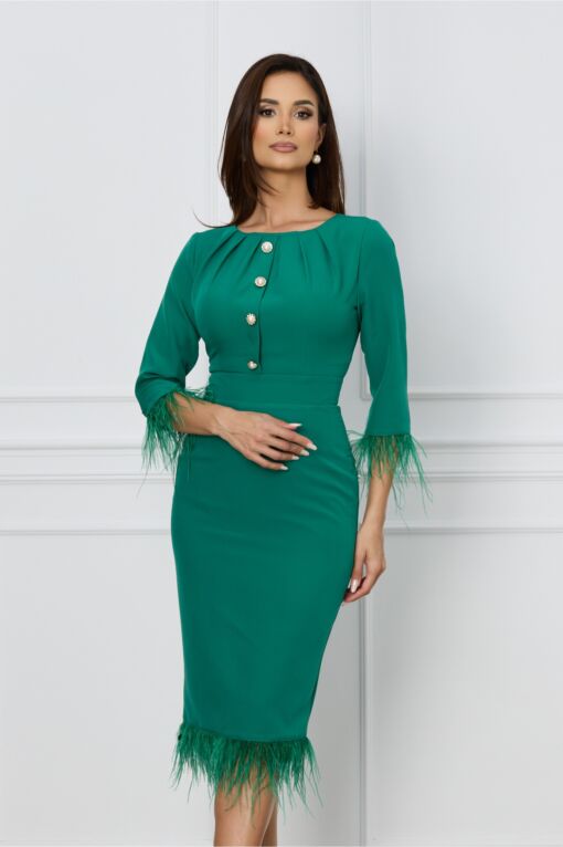 Black Friday 2022 Rochie Dy Fashion verde cu pene la maneci si la baza