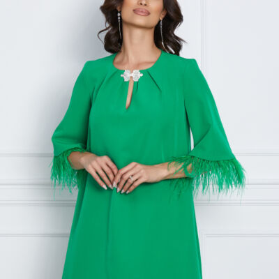 Black Friday 2022 Rochie Dy Fashion verde deschis cu accesoriu la decolteu si pene la maneci
