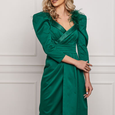 Black Friday 2022 Rochie Dy Fashion verde eleganta cu pene la umeri
