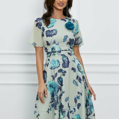 Black Friday 2022 Rochie Dy Fashion verde mint cu imprimeu albastru si floare 3D