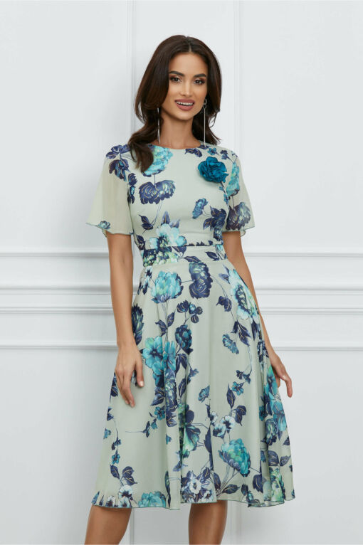 Black Friday 2022 Rochie Dy Fashion verde mint cu imprimeu albastru si floare 3D