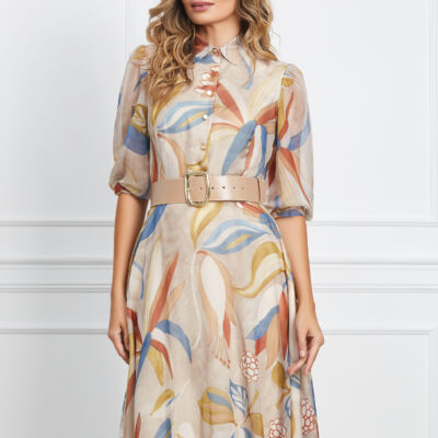 Black Friday 2022 Rochie Elena bej cu imprimeuri florale bleu si nasturi la bust
