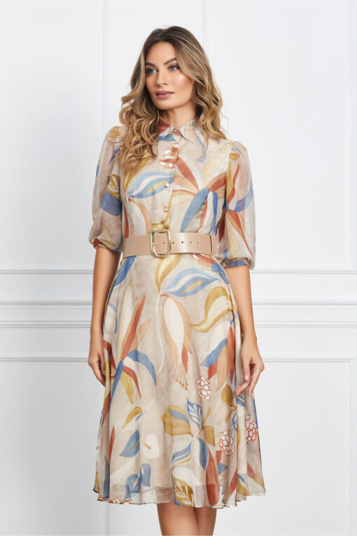 Black Friday 2022 Rochie Elena bej cu imprimeuri florale bleu si nasturi la bust
