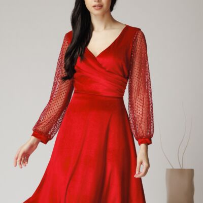 Black Friday Rochie Ella Collction Carmen eleganta din catifea rosie cu glitter pe maneci