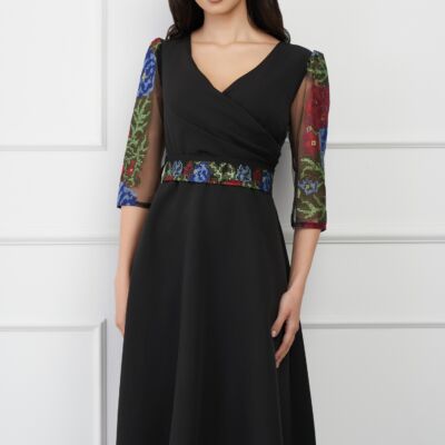Black Friday 2022 Rochie Ella Collection Adria neagra cu broderie traditionala pe maneci si decolteu petrecut