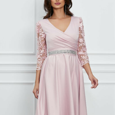 Black Friday 2022 Rochie Ella Collection Adria roz cu maneci din dantela si cordon in talie