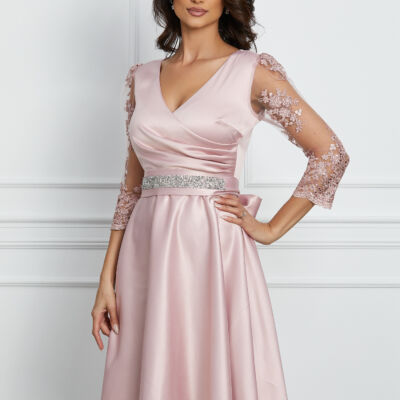 Black Friday 2022 Rochie Ella Collection Adria roz somon cu maneci din dantela si cordon in talie