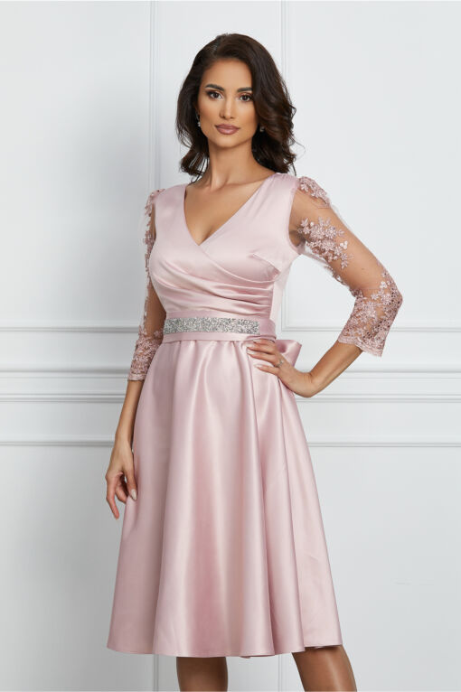 Black Friday 2022 Rochie Ella Collection Adria roz somon cu maneci din dantela si cordon in talie