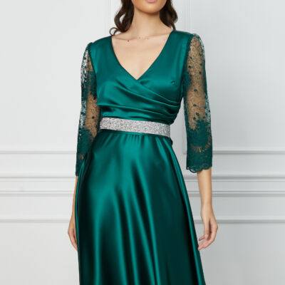 Black Friday 2022 Rochie Ella Collection Adria verde cu dantela florala si cordon in talie