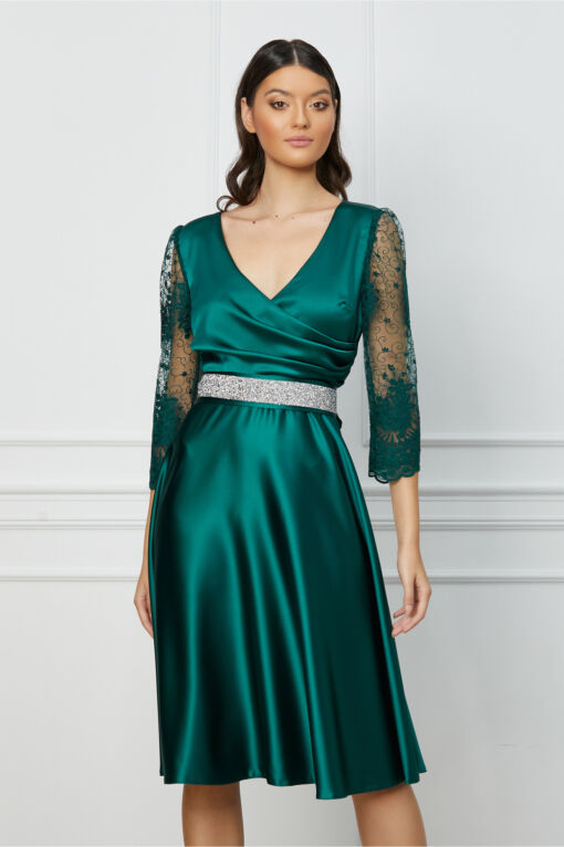 Black Friday 2022 Rochie Ella Collection Adria verde cu dantela florala si cordon in talie