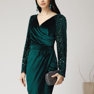 Black Friday Rochie Ella Collection Alison eleganta din catifea verde cu paiete pe maneci
