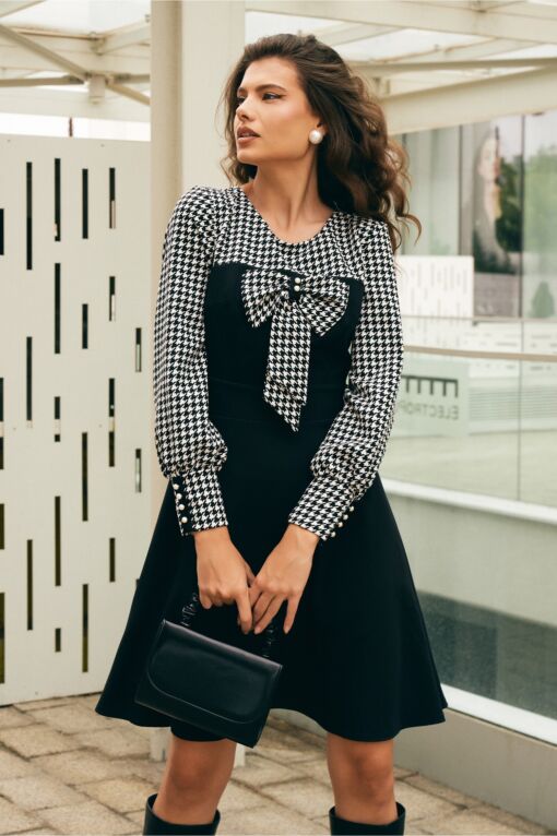 Black Friday Rochie Ella Collection Andrada neagra cu funda si imprimeu pepit