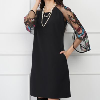 Black Friday 2022 Rochie Ella Collection Andrea neagra cu broderie geometrica pastelata pe maneci