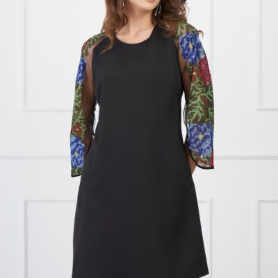 Black Friday Rochie Ella Collection Andrea neagra cu broderie traditionala colorata pe maneci