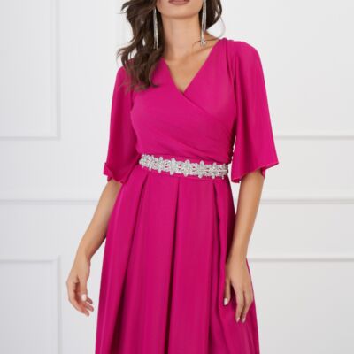 Black Friday 2022 Rochie Ella Collection Ania fucsia cu fir lurex si cordon in talie
