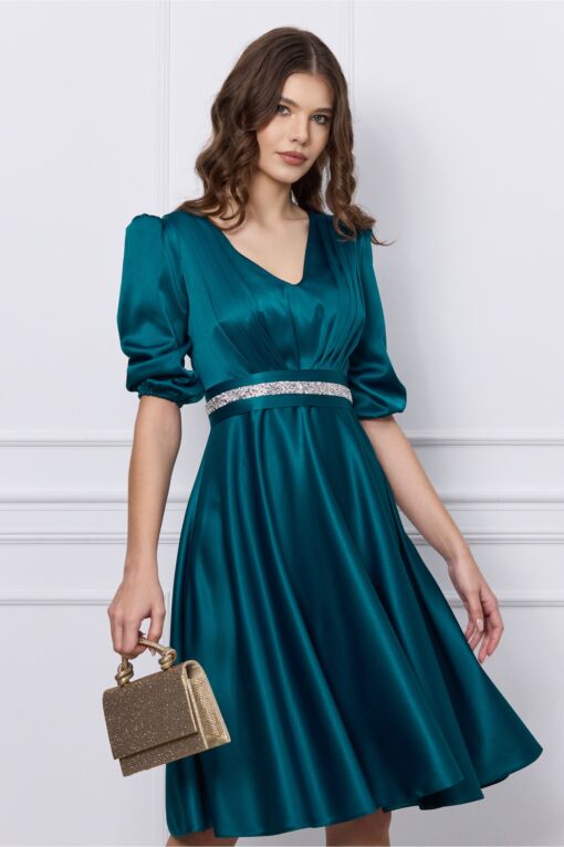 Black Friday 2022 Rochie Ella Collection Aria verde petrol cu cordon in talie