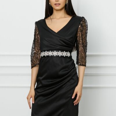 Black Friday 2022 Rochie Ella Collection Atena neagra cu maneci din dantela si cordon in talie