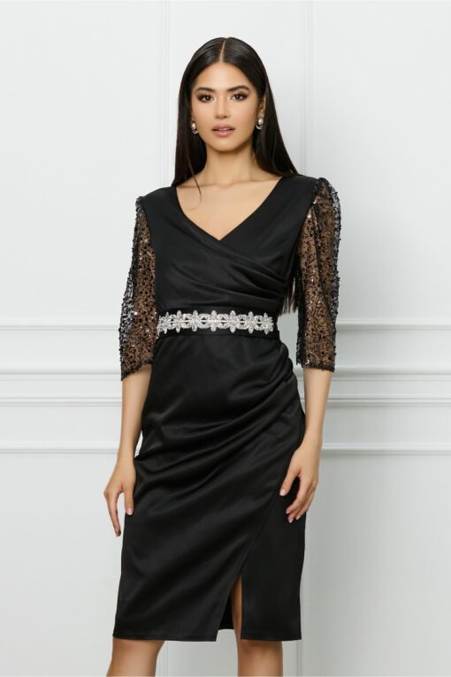 Black Friday 2022 Rochie Ella Collection Atena neagra cu maneci din dantela si cordon in talie