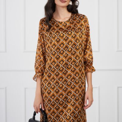 Black Friday Rochie Ella Collection Dolores galben mustar cu insertii din fir lurex si imprimeuri