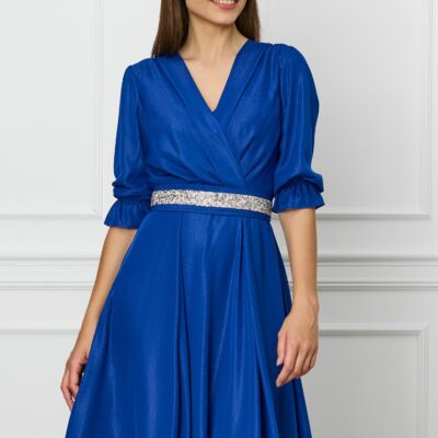 Black Friday 2022 Rochie Ella Collection Julia albastra cu fir lurex si cordon cu strasuri