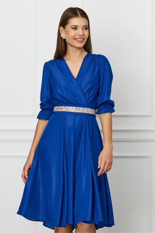 Black Friday 2022 Rochie Ella Collection Julia albastra cu fir lurex si cordon cu strasuri