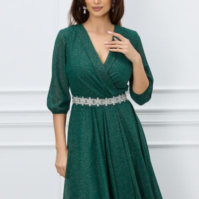 Black Friday 2022 Rochie Ella Collection Julia verde cu glitter si cordon stralucitor in talie