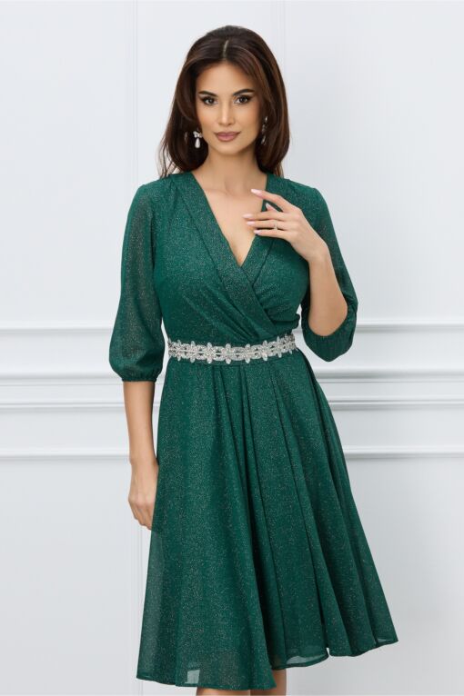 Black Friday 2022 Rochie Ella Collection Julia verde cu glitter si cordon stralucitor in talie
