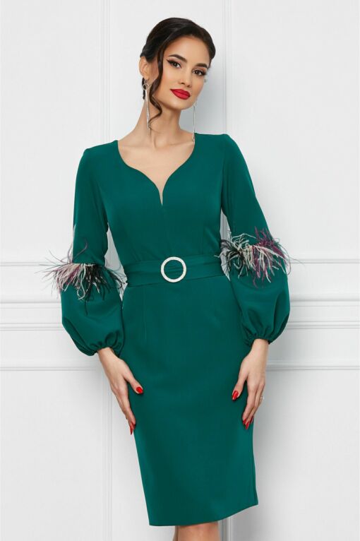 Black Friday 2022 Rochie Ella Collection Kely verde cu pene pe maneci