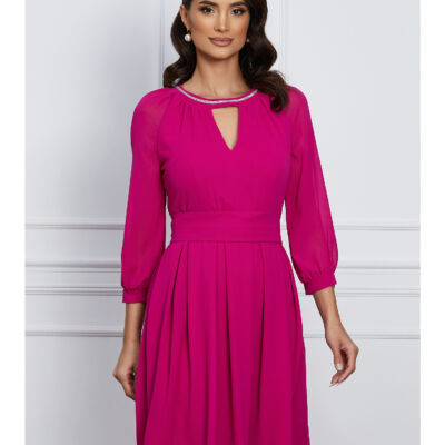Black Friday 2022 Rochie Ella Collection Olivia magenta cu pliuri pe fusta si cordon in talie