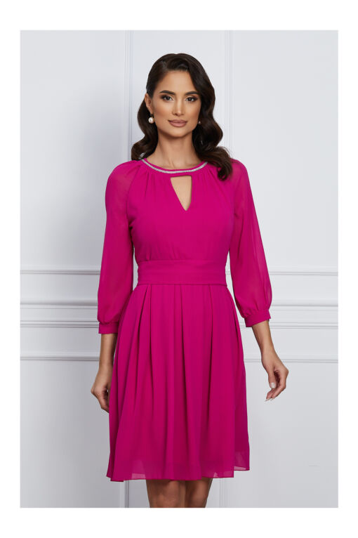 Black Friday 2022 Rochie Ella Collection Olivia magenta cu pliuri pe fusta si cordon in talie