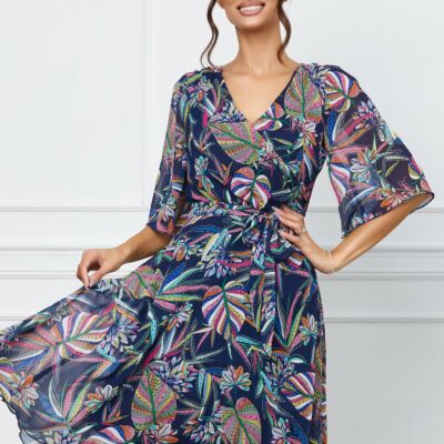 Black Friday 2022 Rochie Ella Collection Roxy bleumarin cu imprimeu multicolor si cordon in talie
